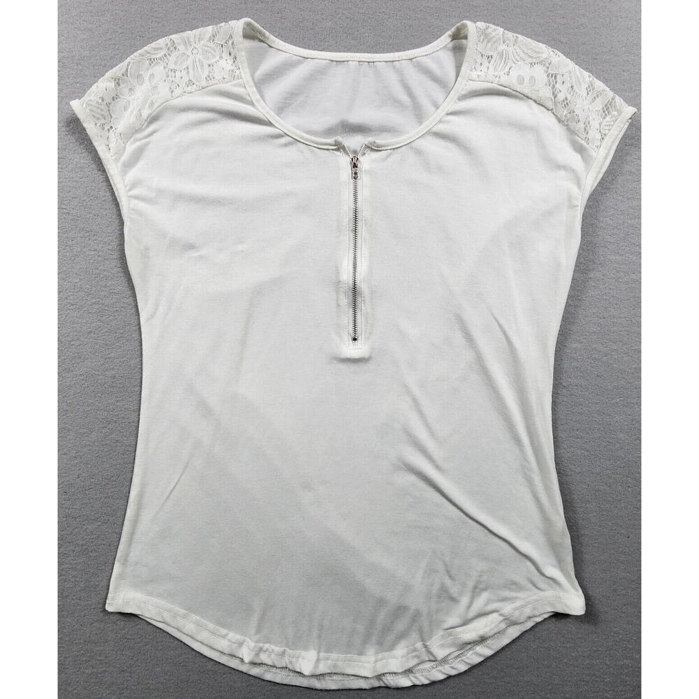 V Neck Zip Up Shirt Short Sleeve Blouse Casual Lace Tunic Top Womens Size Small